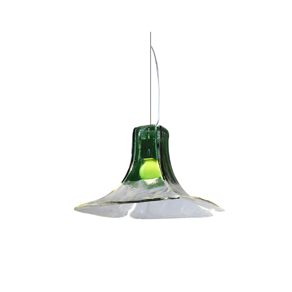 Carlo Pendant Light with a green and clear sculptural glass shade.