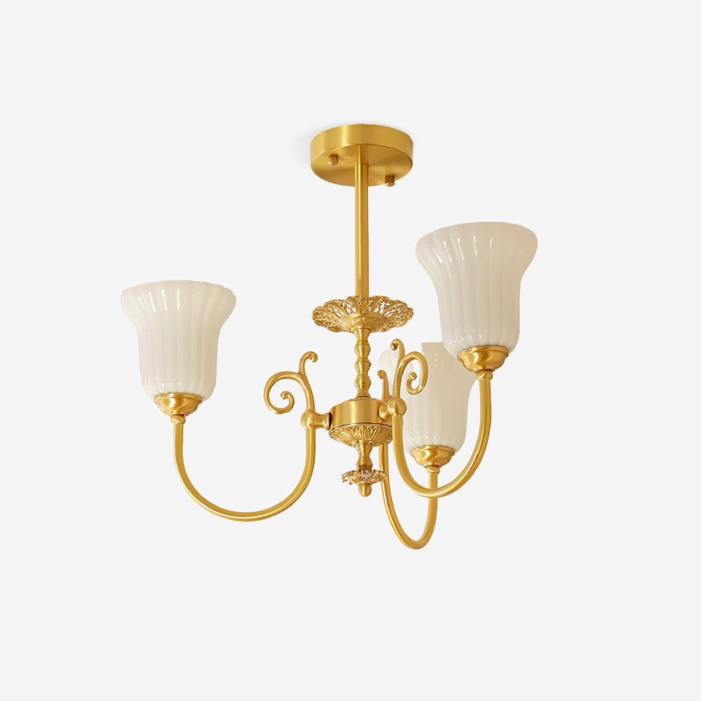 Chandelier with Brass Arms White Glass Shades Opulent Luxe-Neutral Decor