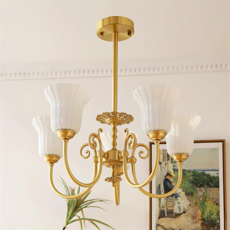 Chandelier with Brass Arms White Glass Shades Opulent Luxe-Neutral Decor