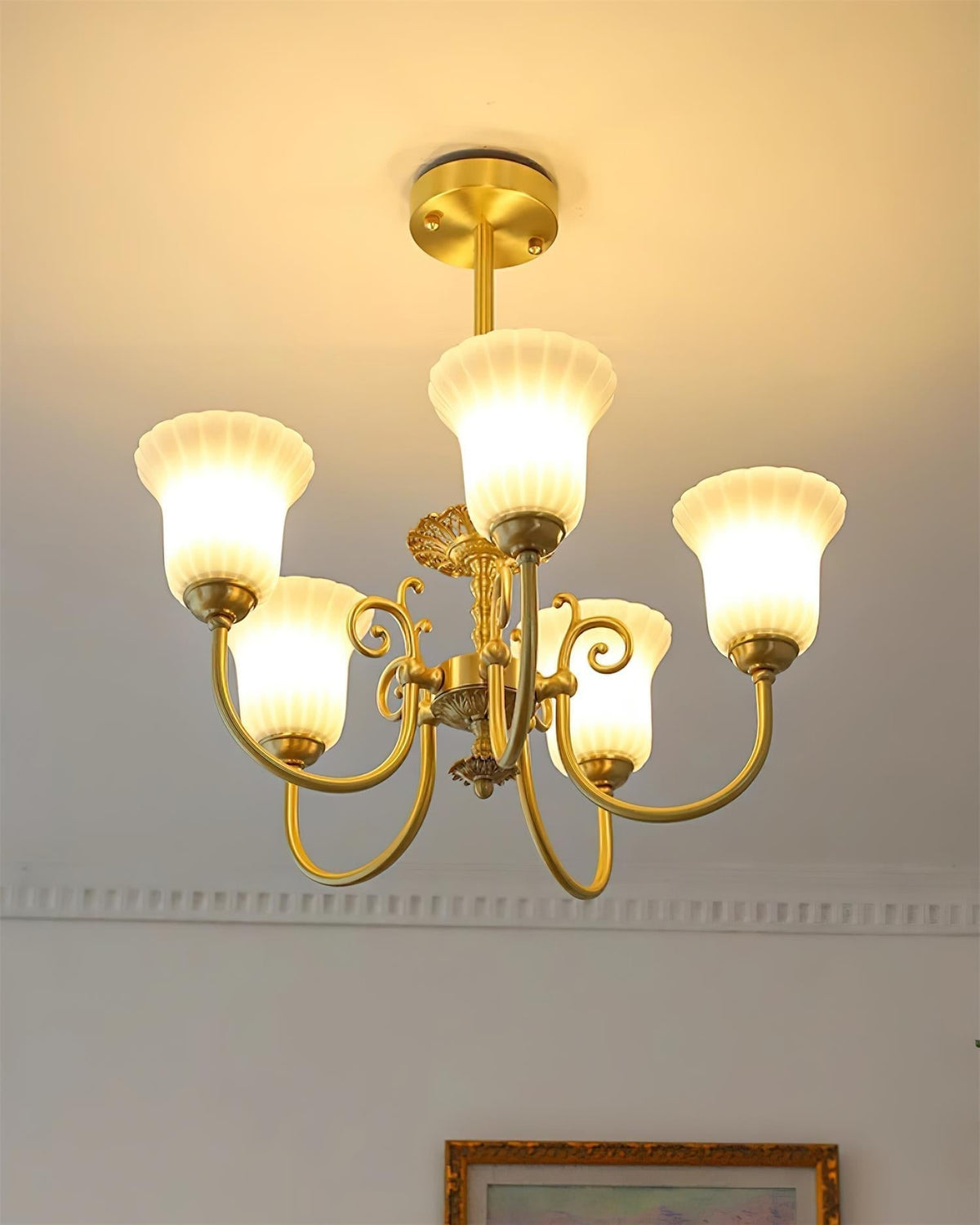 Chandelier with Brass Arms White Glass Shades Opulent Luxe-Neutral Decor