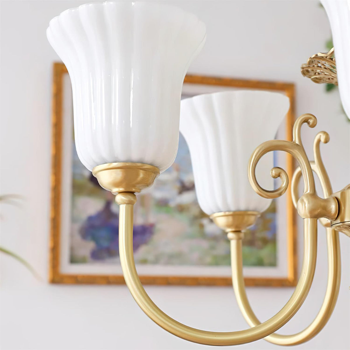 Chandelier with Brass Arms White Glass Shades Opulent Luxe-Neutral Decor