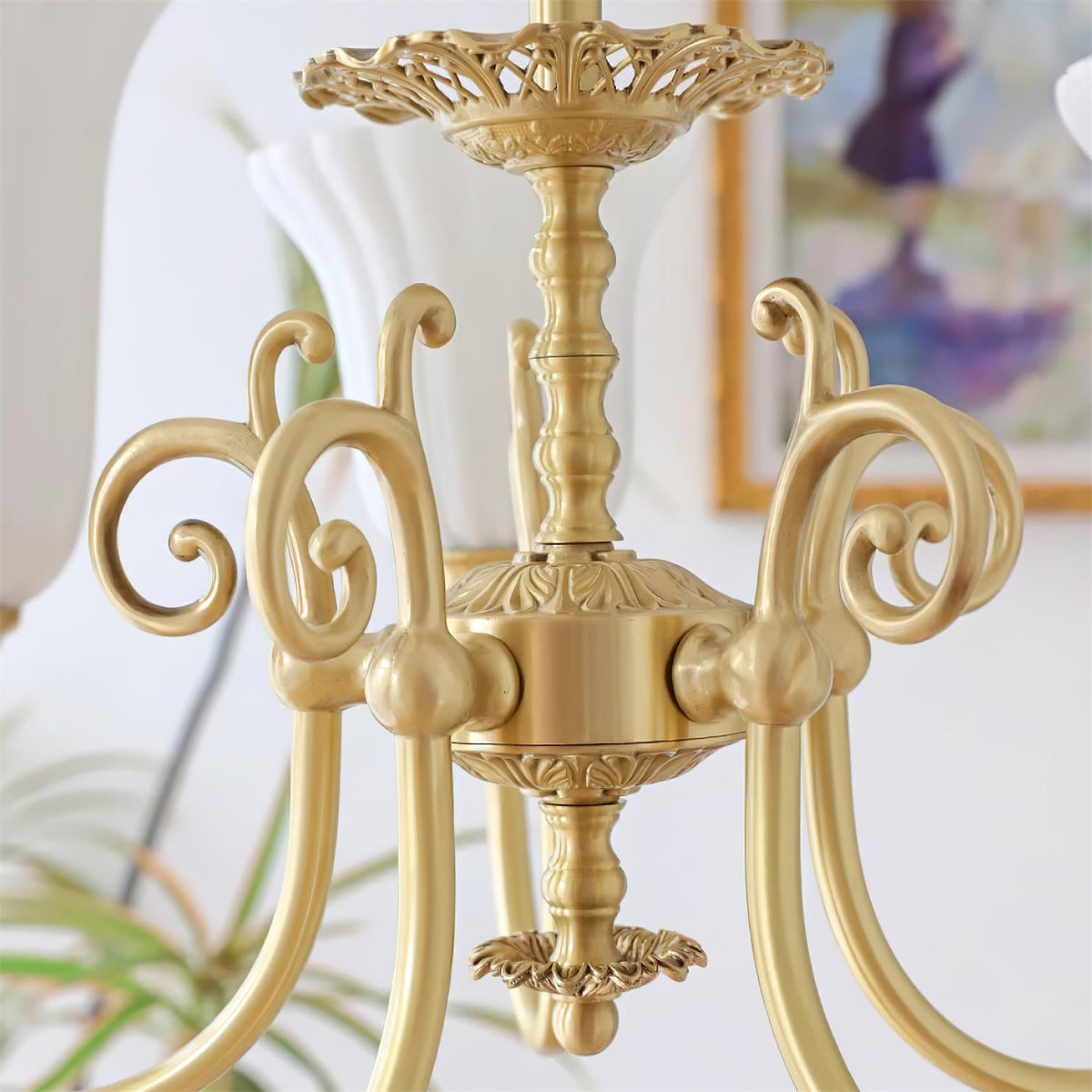 Chandelier with Brass Arms White Glass Shades Opulent Luxe-Neutral Decor