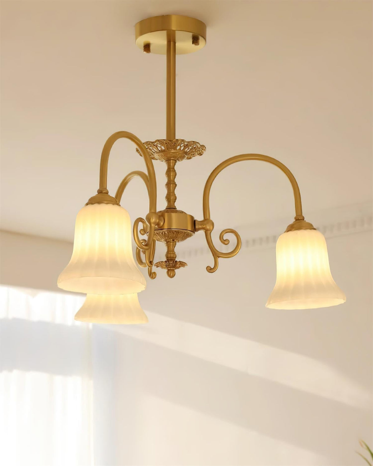 Chandelier with Brass Arms White Glass Shades Opulent Luxe-Neutral Decor