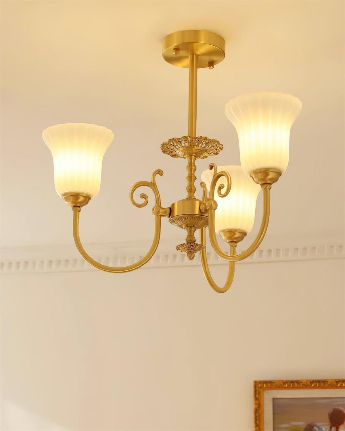 Chandelier with Brass Arms White Glass Shades Opulent Luxe-Neutral Decor
