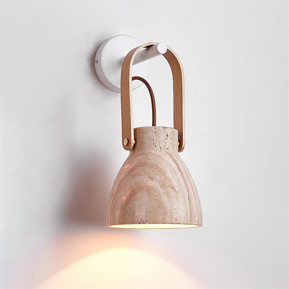 Wall Lamp Metal Body Wood Strap Travertine Shade Minimalist-Neutral Decor
