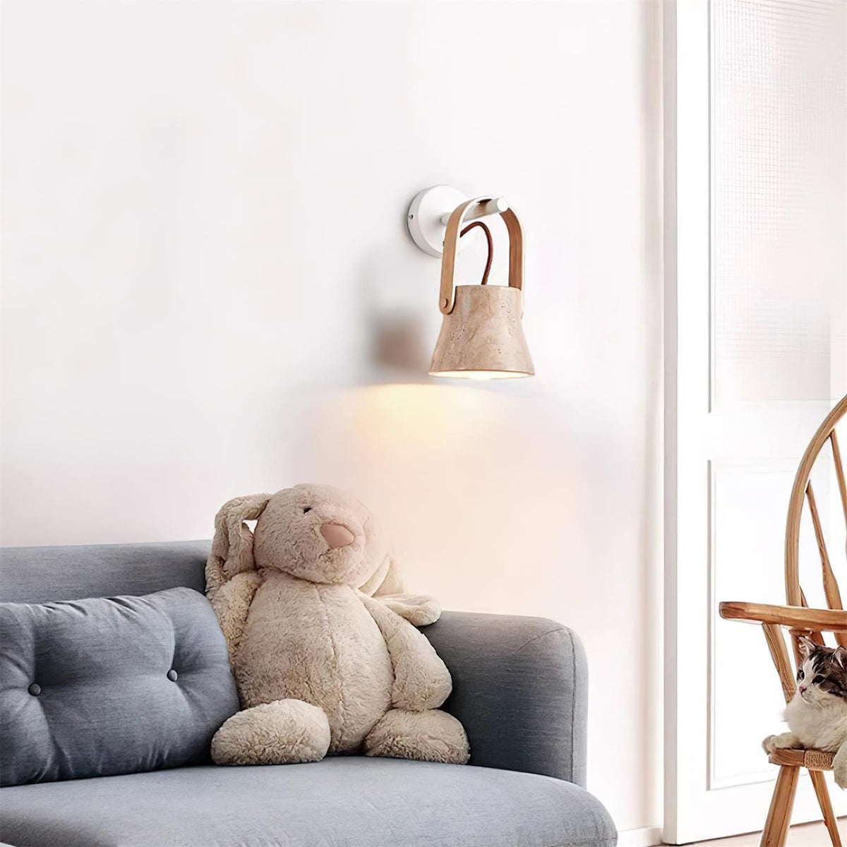 Wall Lamp Metal Body Wood Strap Travertine Shade Minimalist-Neutral Decor