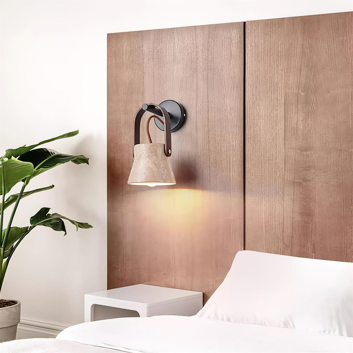 Wall Lamp Metal Body Wood Strap Travertine Shade Minimalist-Neutral Decor