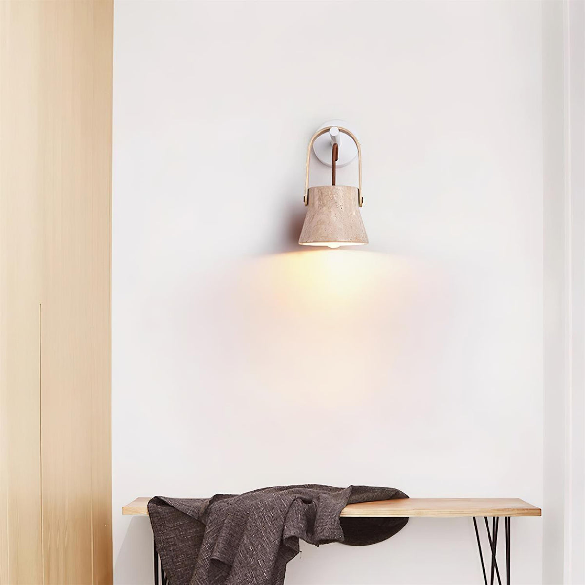 Wall Lamp Metal Body Wood Strap Travertine Shade Minimalist-Neutral Decor