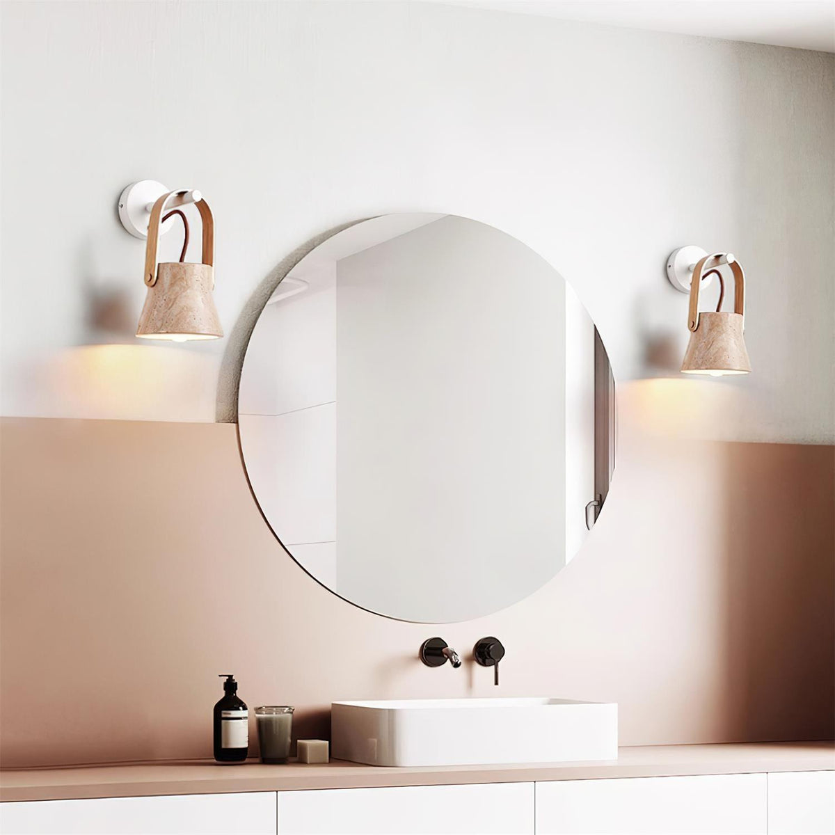 Wall Lamp Metal Body Wood Strap Travertine Shade Minimalist-Neutral Decor