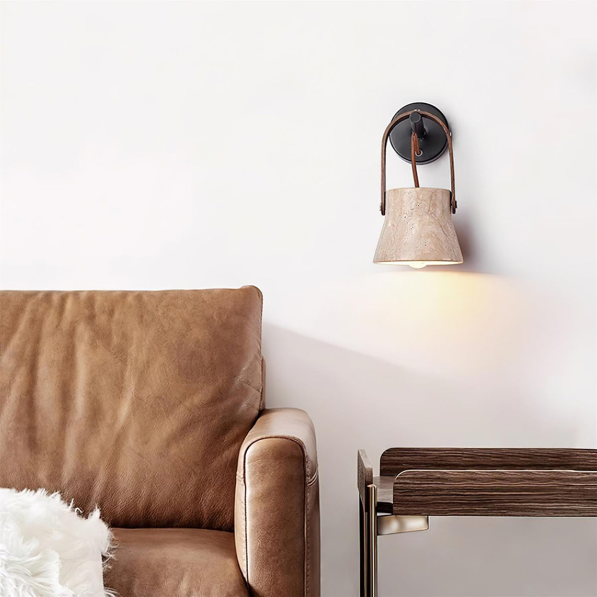 Wall Lamp Metal Body Wood Strap Travertine Shade Minimalist-Neutral Decor