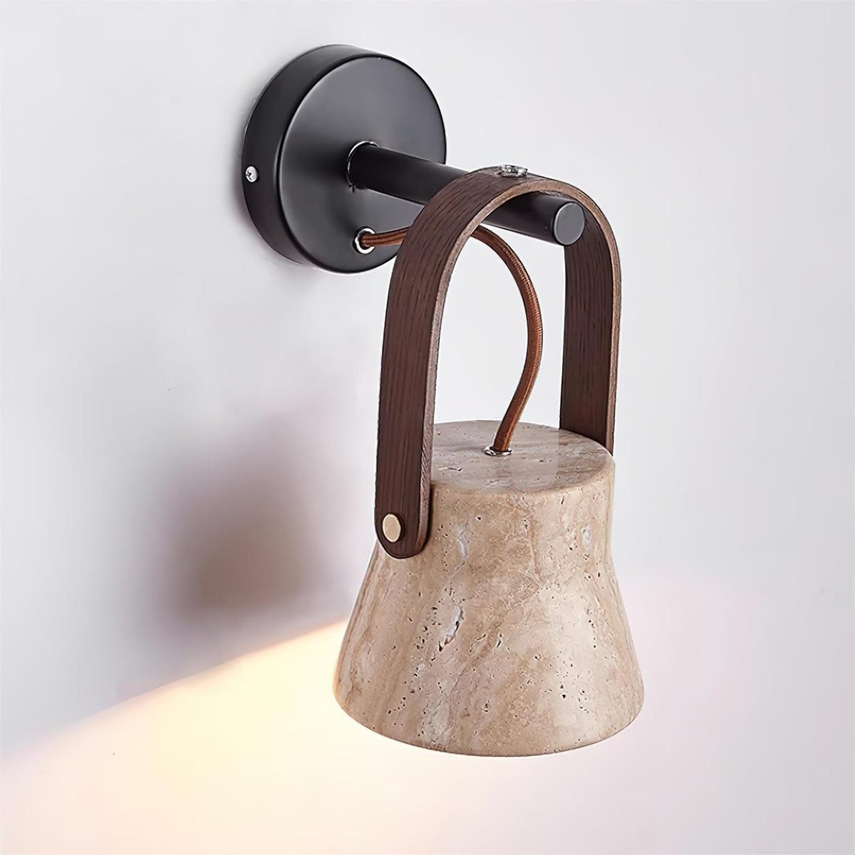 Wall Lamp Metal Body Wood Strap Travertine Shade Minimalist-Neutral Decor