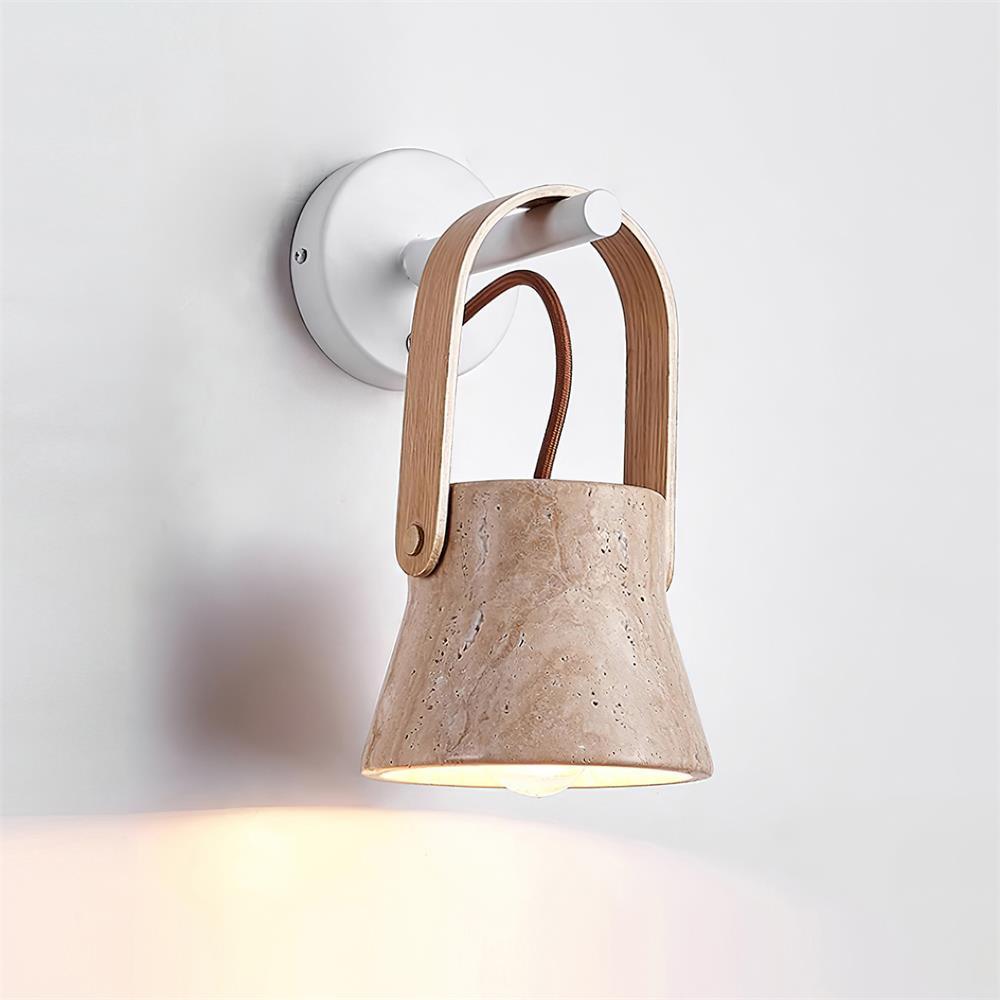 Wall Lamp Metal Body Wood Strap Travertine Shade Minimalist-Neutral Decor