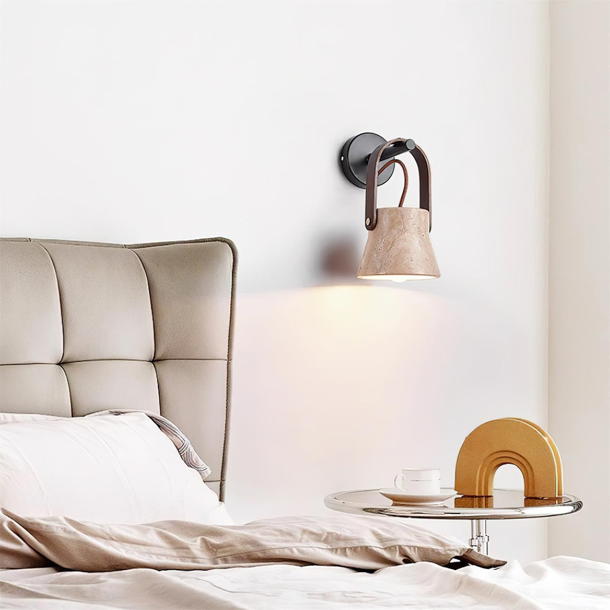 Wall Lamp Metal Body Wood Strap Travertine Shade Minimalist-Neutral Decor