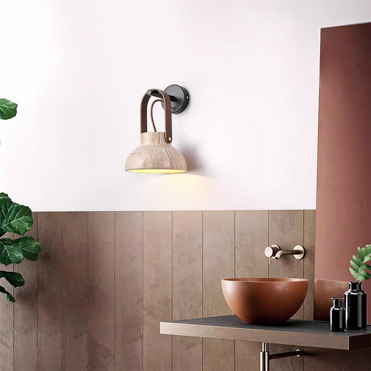 Wall Lamp Metal Body Wood Strap Travertine Shade Minimalist-Neutral Decor