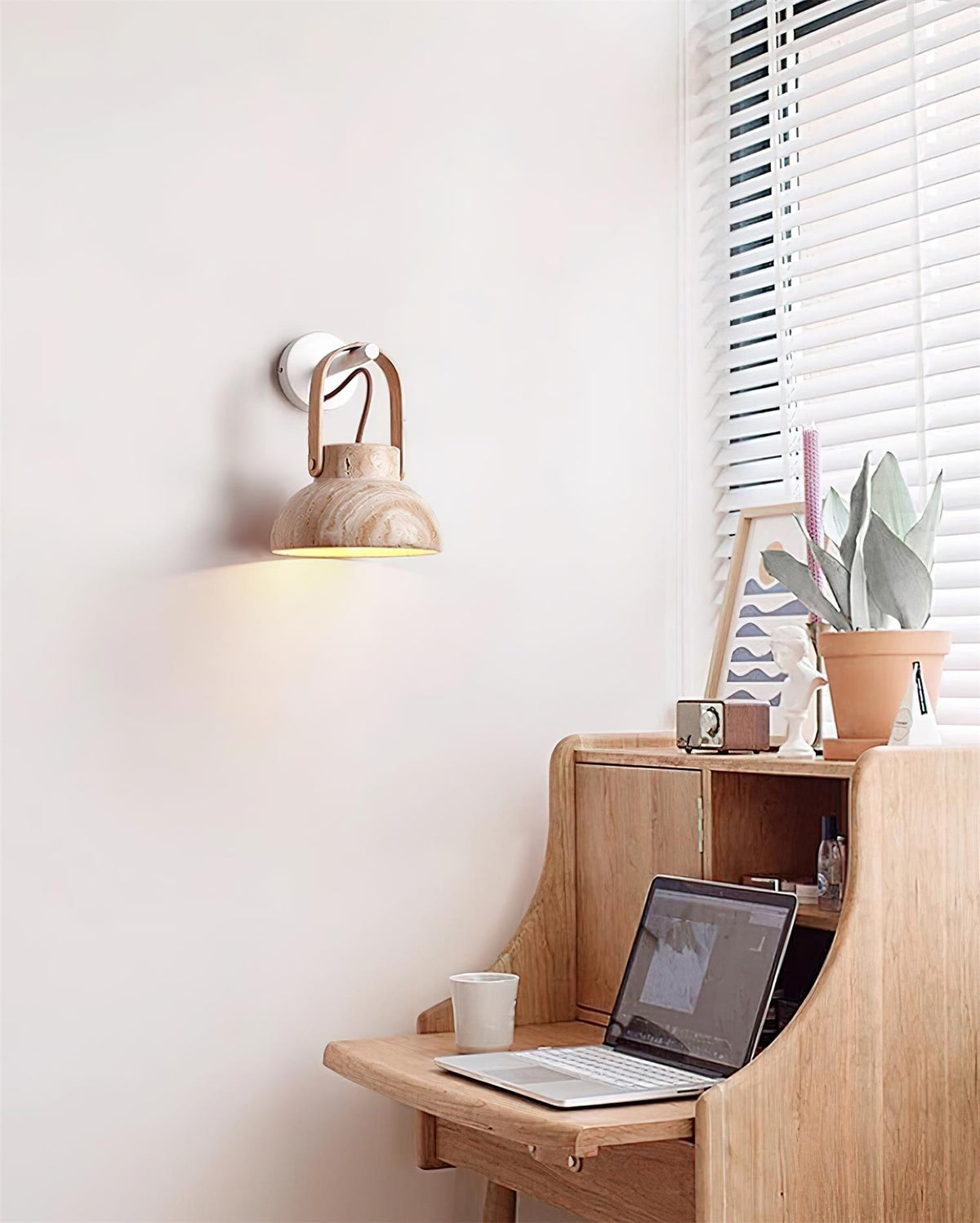 Wall Lamp Metal Body Wood Strap Travertine Shade Minimalist-Neutral Decor