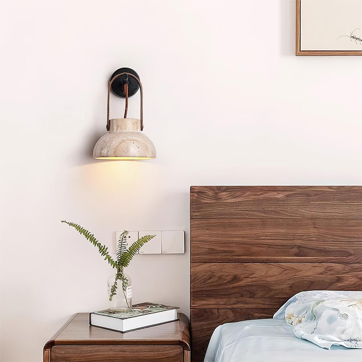 Wall Lamp Metal Body Wood Strap Travertine Shade Minimalist-Neutral Decor