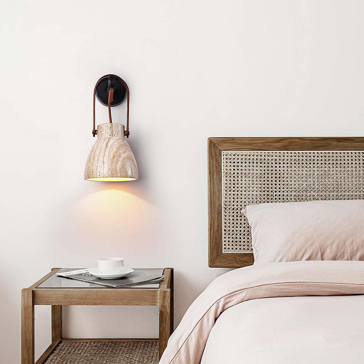 Wall Lamp Metal Body Wood Strap Travertine Shade Minimalist-Neutral Decor