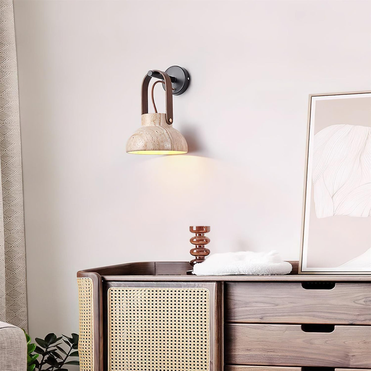 Wall Lamp Metal Body Wood Strap Travertine Shade Minimalist-Neutral Decor