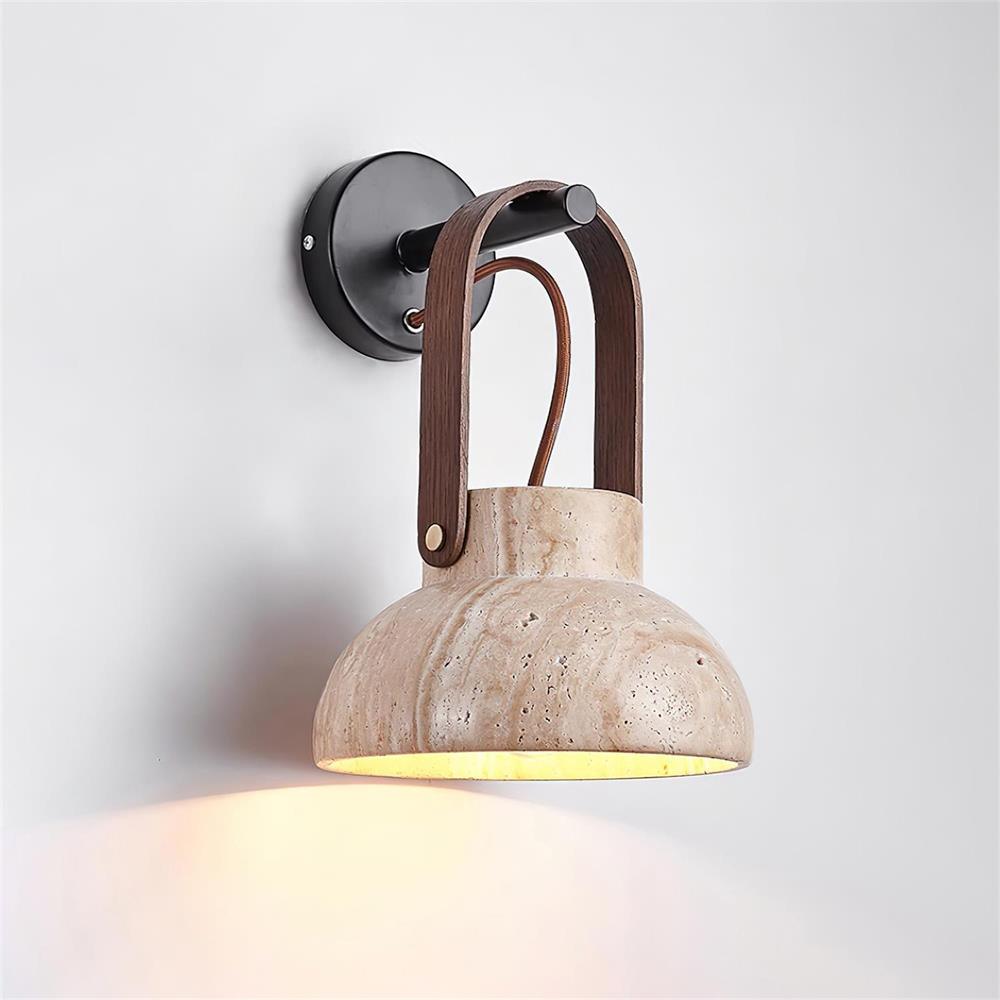 Wall Lamp Metal Body Wood Strap Travertine Shade Minimalist-Neutral Decor