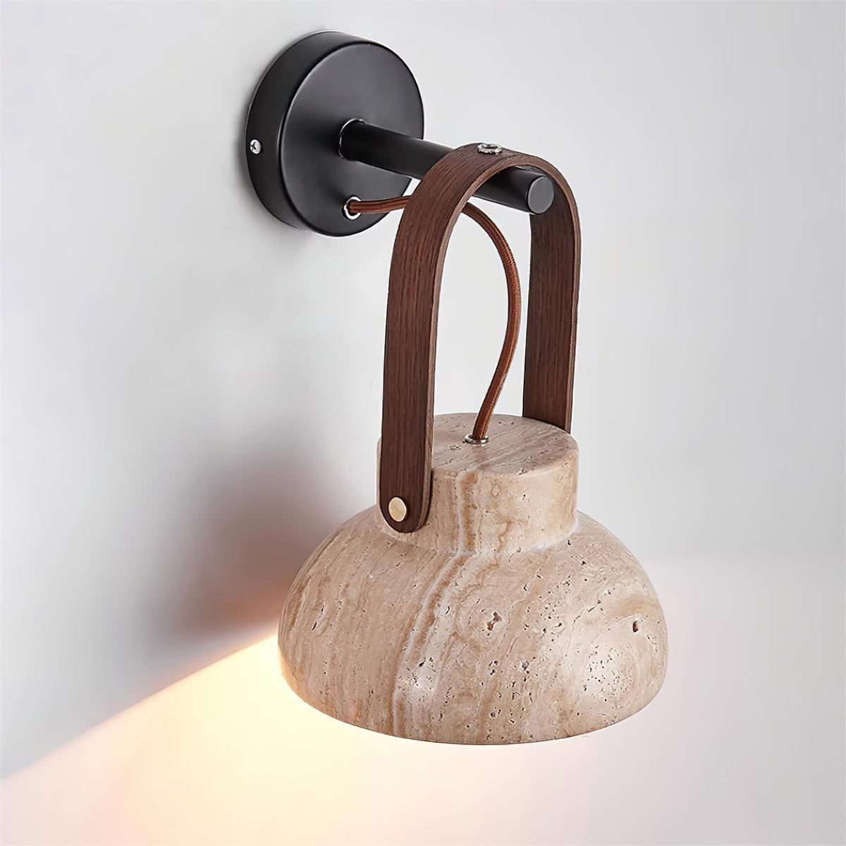 Wall Lamp Metal Body Wood Strap Travertine Shade Minimalist-Neutral Decor