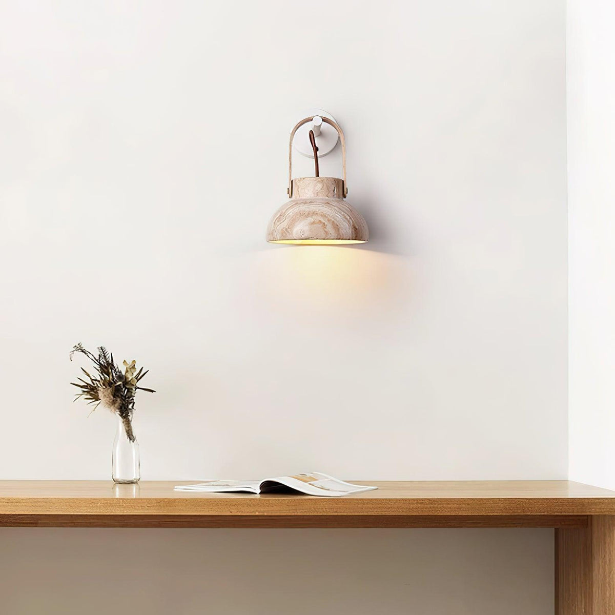 Wall Lamp Metal Body Wood Strap Travertine Shade Minimalist-Neutral Decor