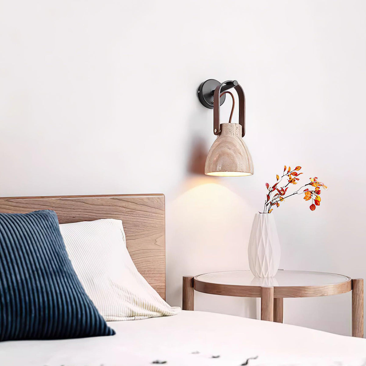 Wall Lamp Metal Body Wood Strap Travertine Shade Minimalist-Neutral Decor
