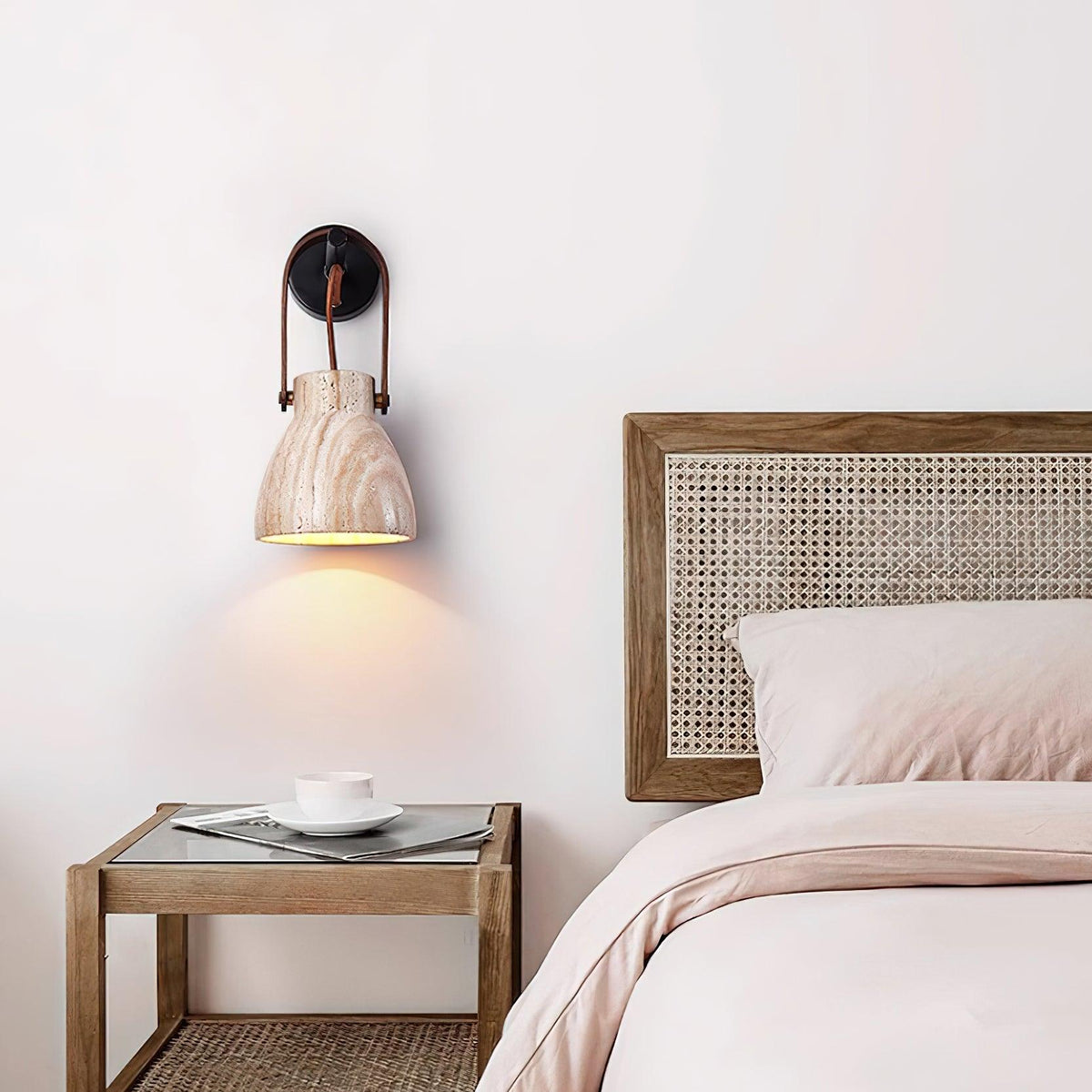 Wall Lamp Metal Body Wood Strap Travertine Shade Minimalist-Neutral Decor