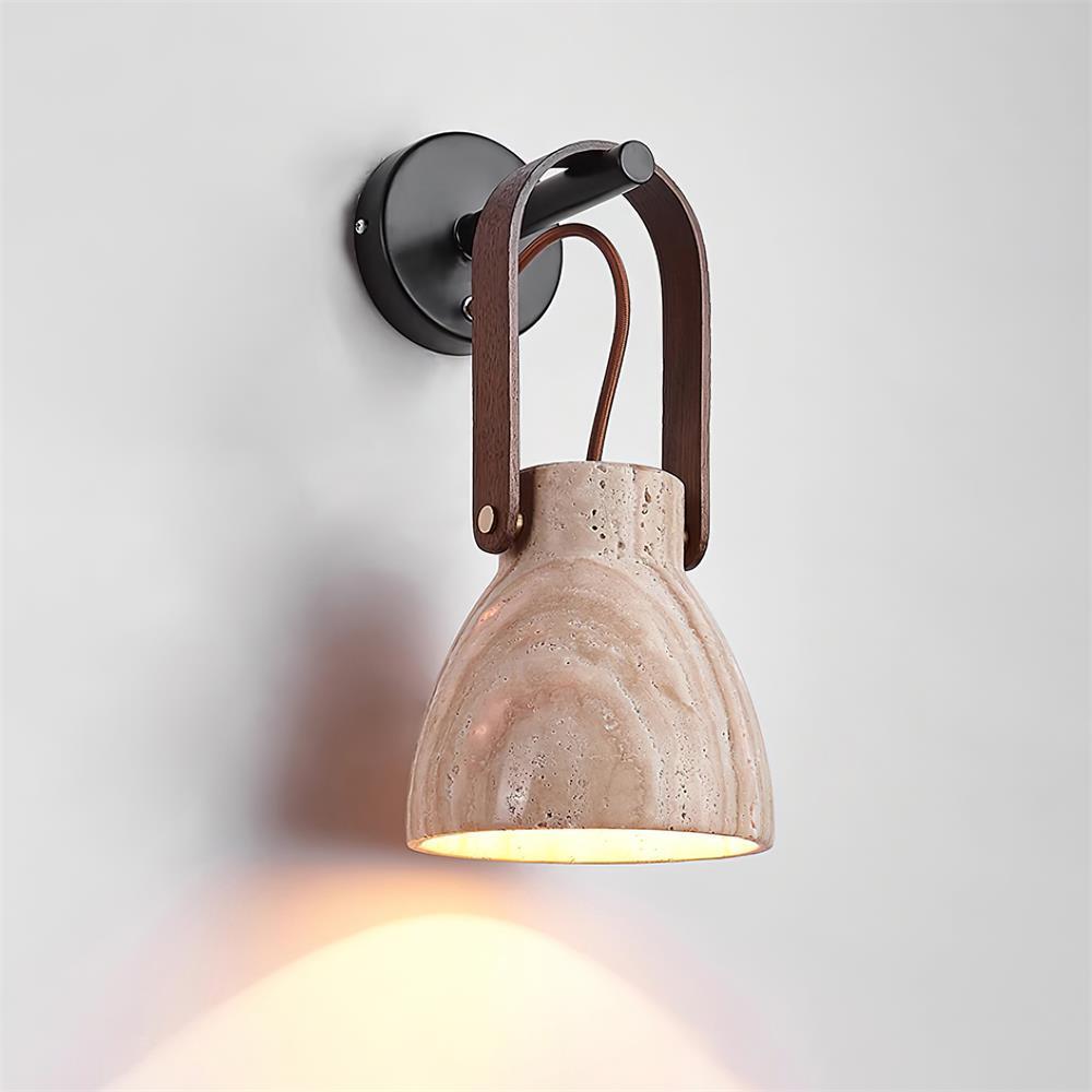 Wall Lamp Metal Body Wood Strap Travertine Shade Minimalist-Neutral Decor
