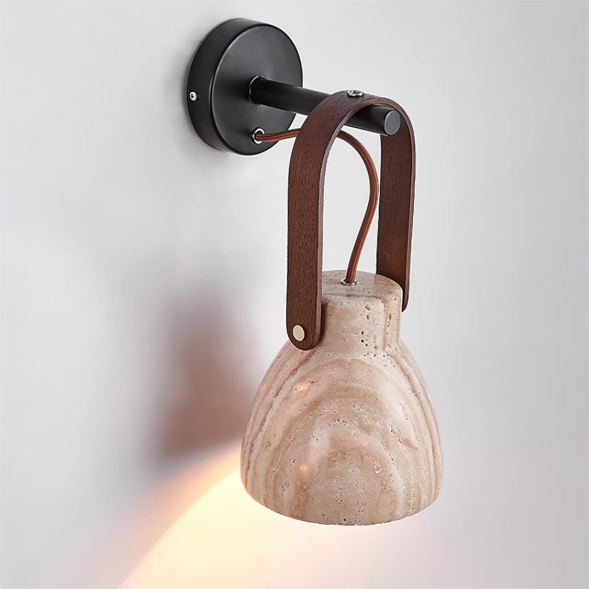 Wall Lamp Metal Body Wood Strap Travertine Shade Minimalist-Neutral Decor