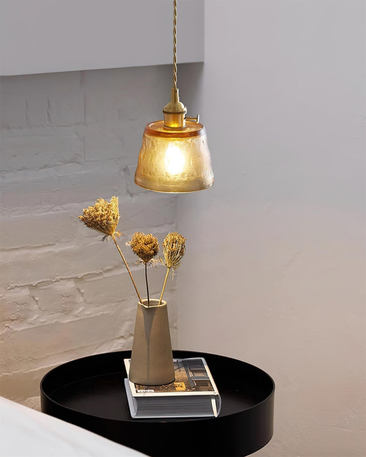 Pendant Lamp Brass and Glass Textured Shade Artisan Vintage Accent-Neutral Decor