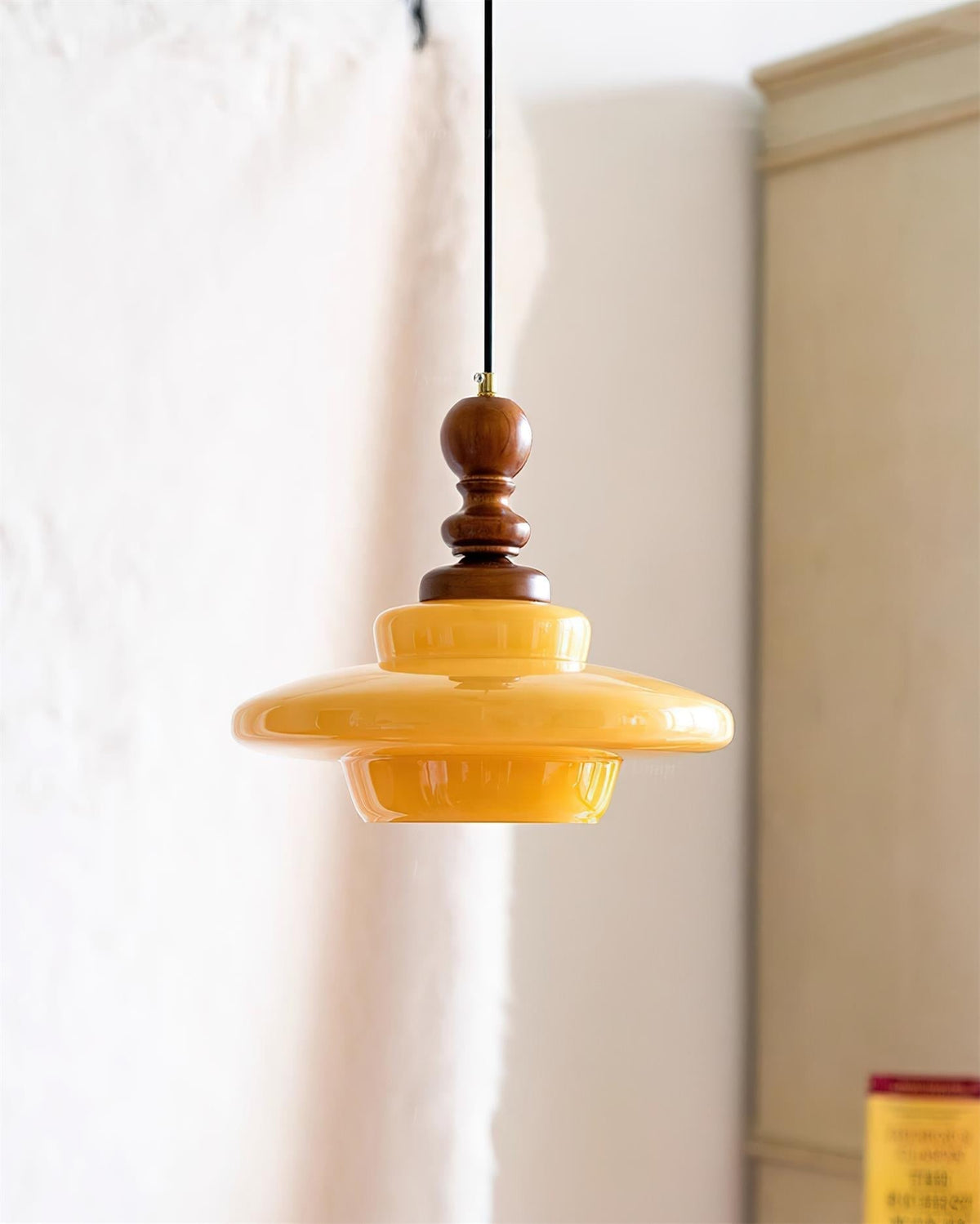 Pendant Lamp Yellow Glass with Walnut Wood Accent Retro-Neutral Decor