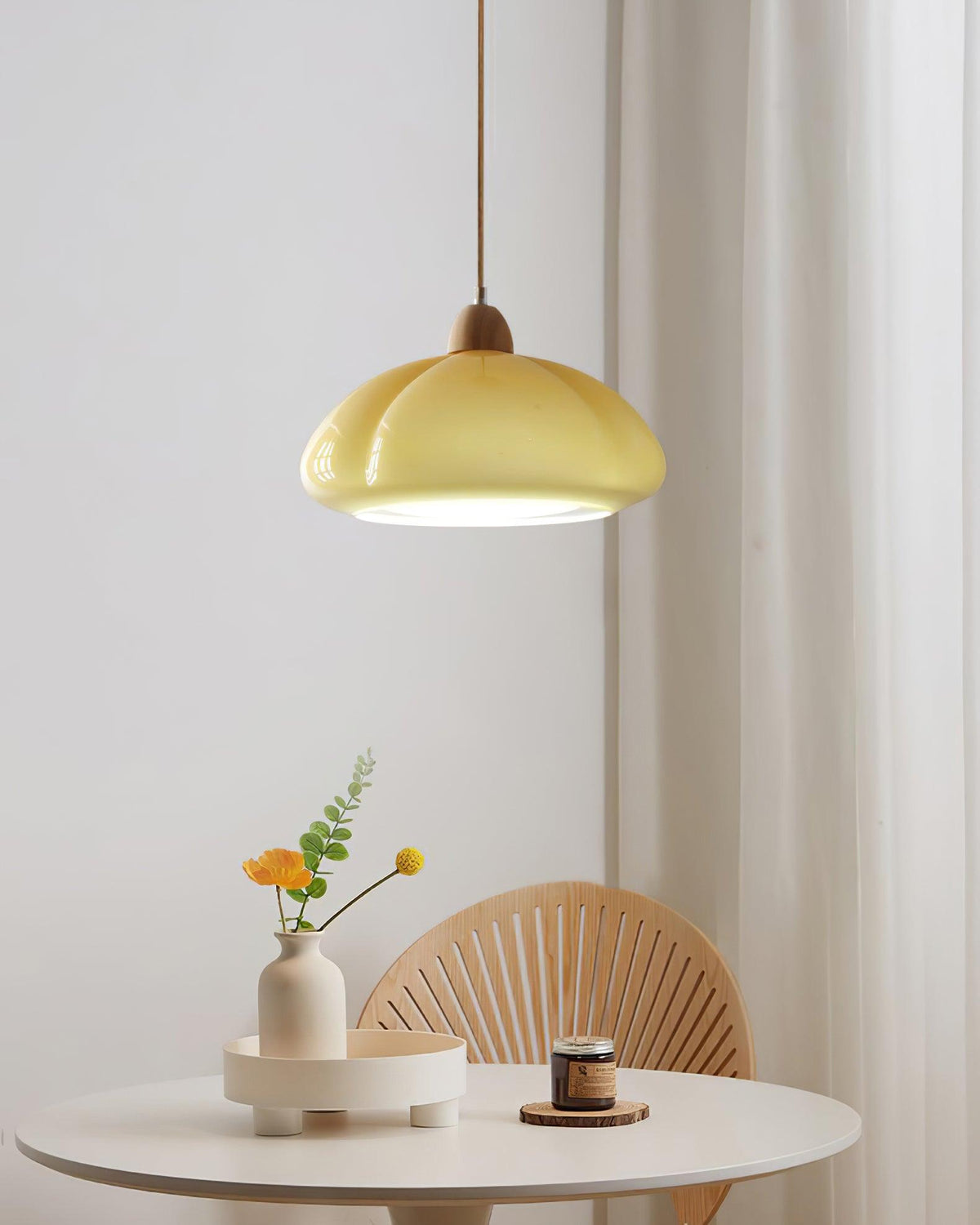 Pendant Lamp Rounded Glass Shade Wood Accent Playful Modern Touch-Neutral Decor