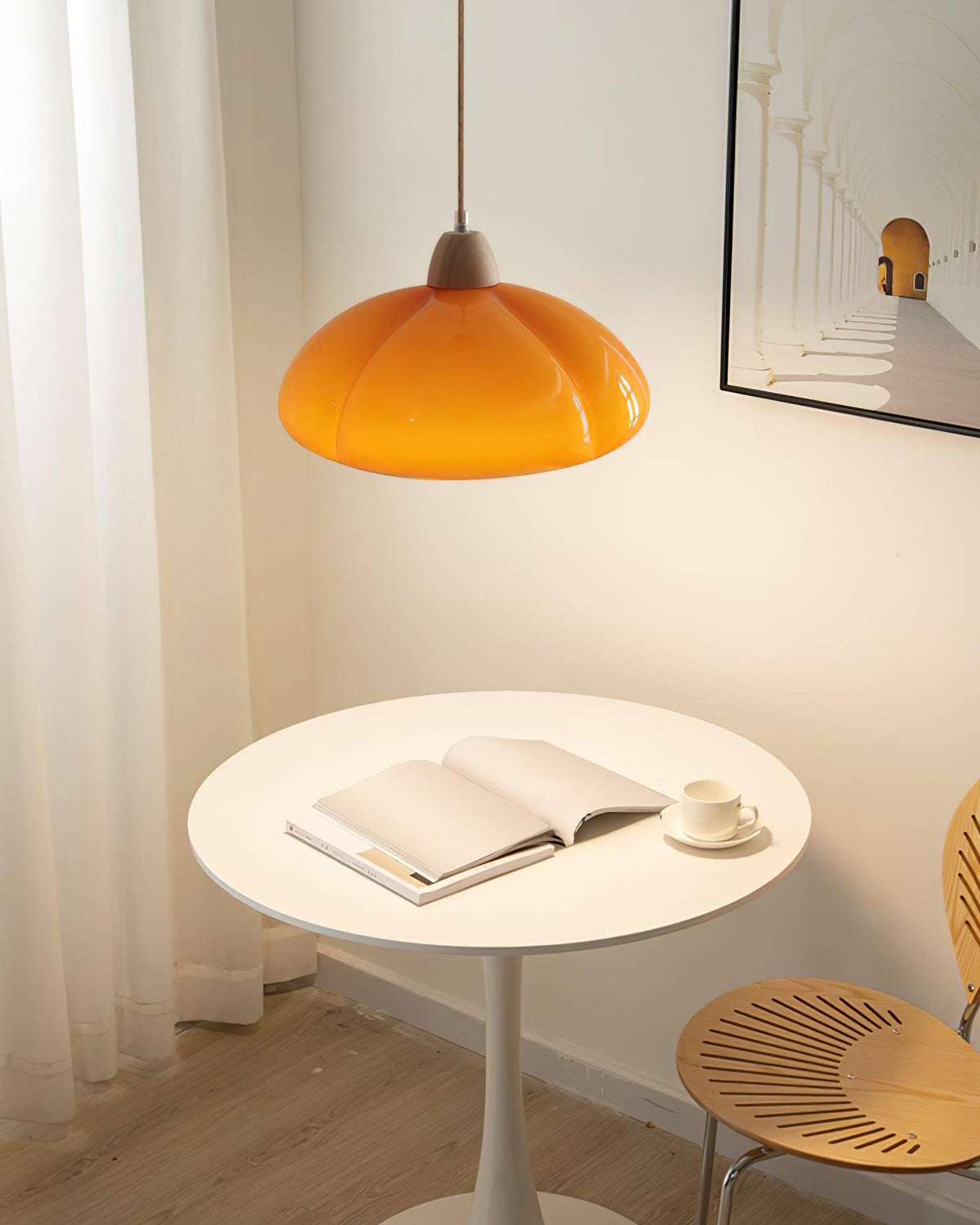 Pendant Lamp Rounded Glass Shade Wood Accent Playful Modern Touch-Neutral Decor