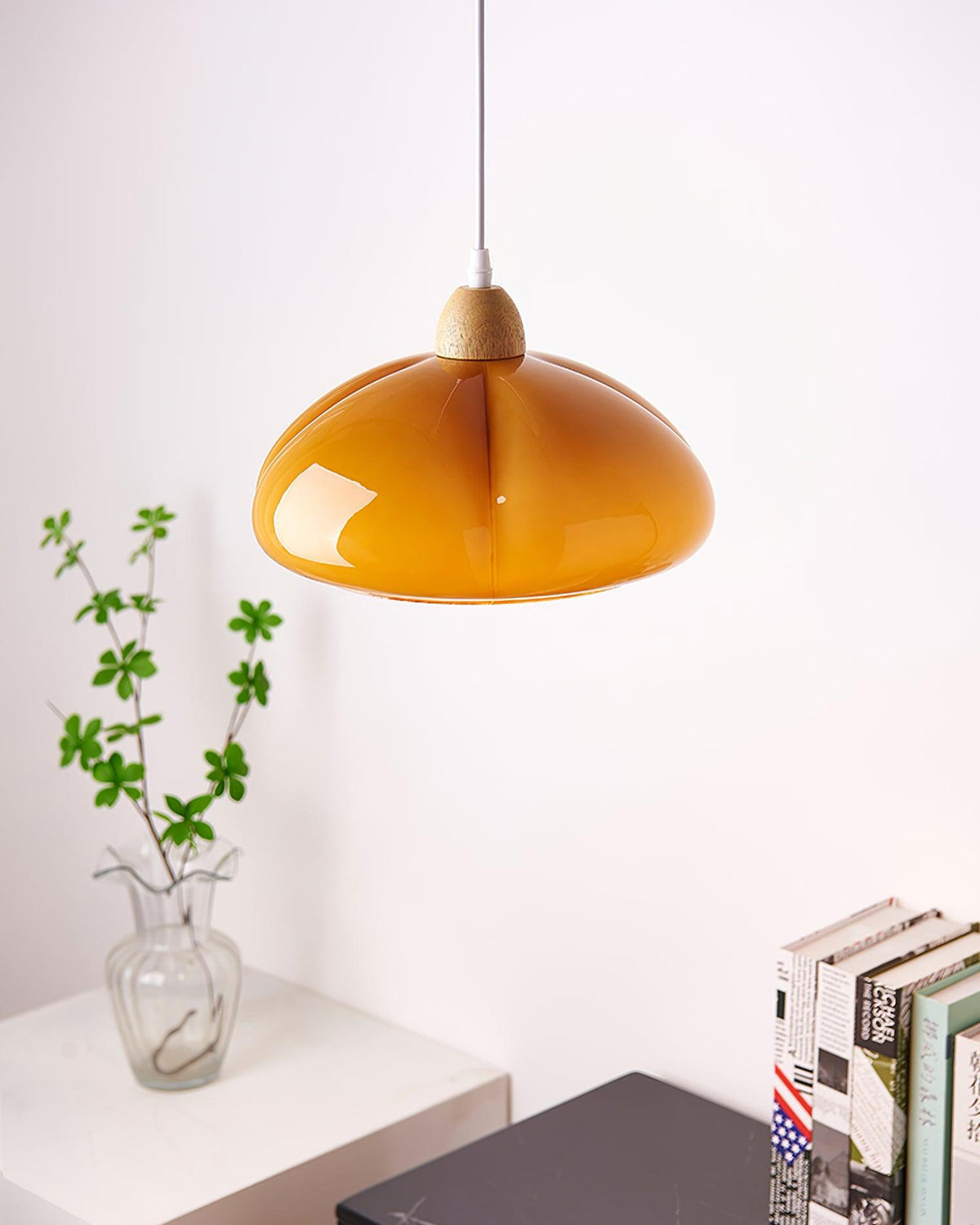Pendant Lamp Rounded Glass Shade Wood Accent Playful Modern Touch-Neutral Decor