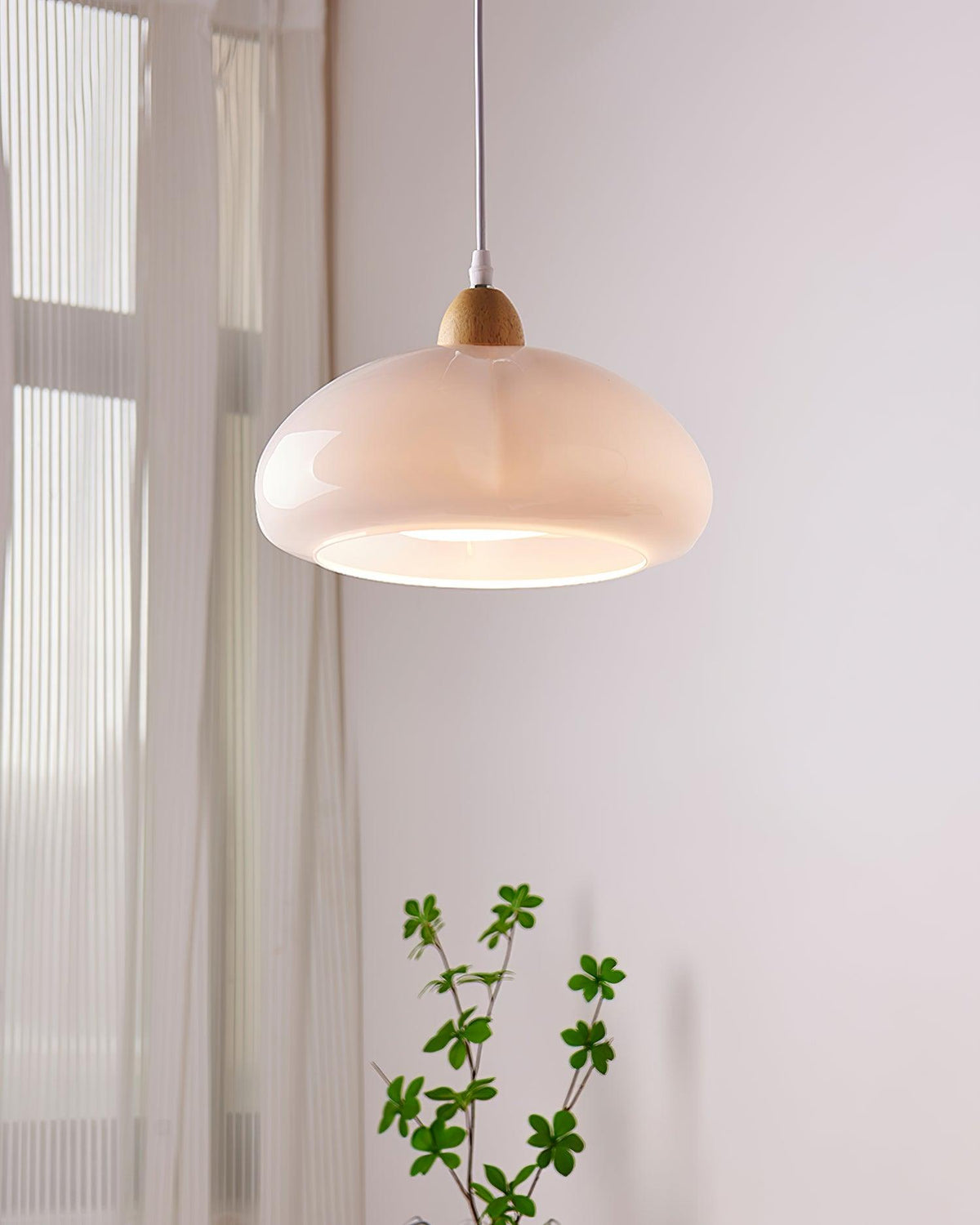 Pendant Lamp Rounded Glass Shade Wood Accent Playful Modern Touch-Neutral Decor