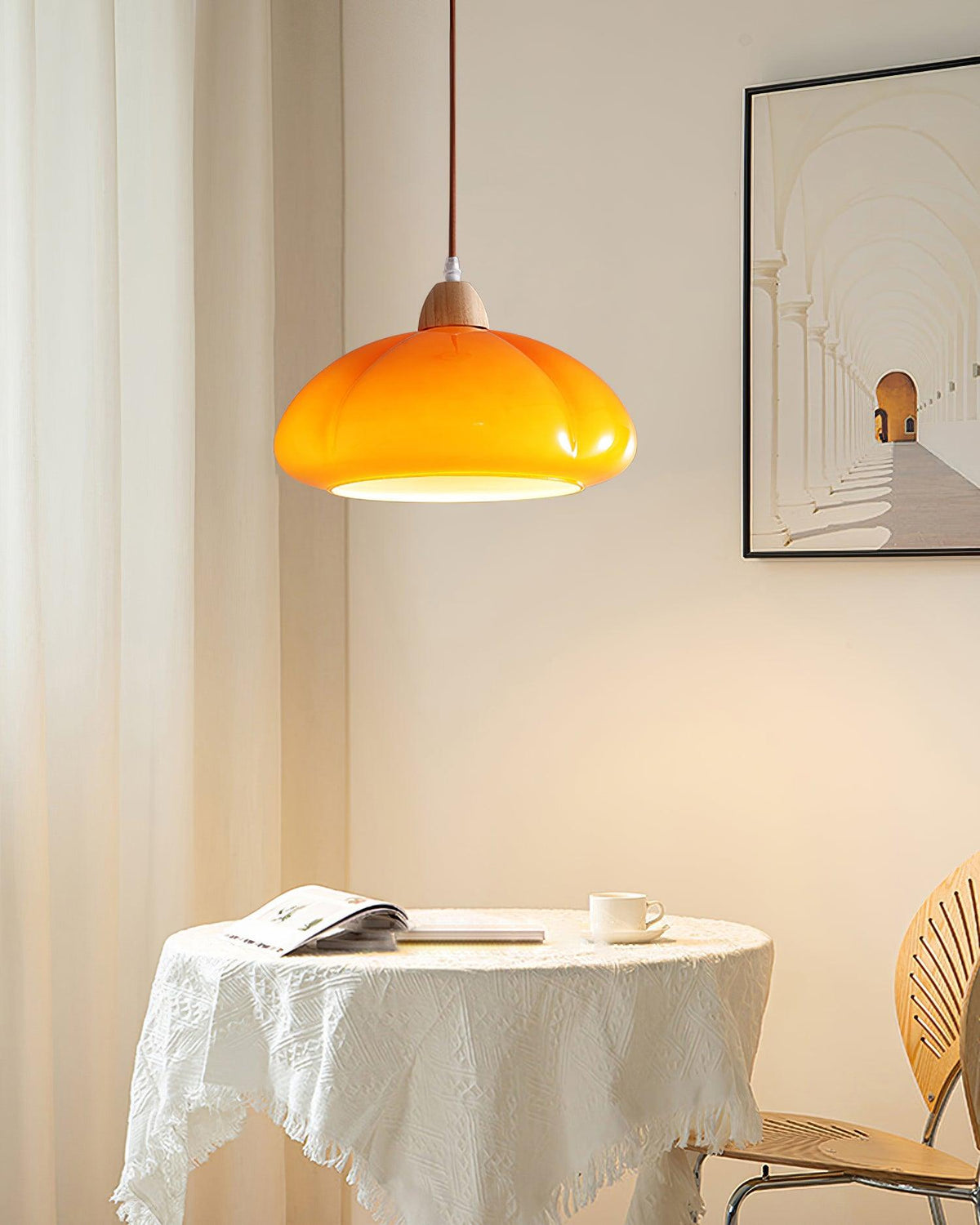 Pendant Lamp Rounded Glass Shade Wood Accent Playful Modern Touch-Neutral Decor