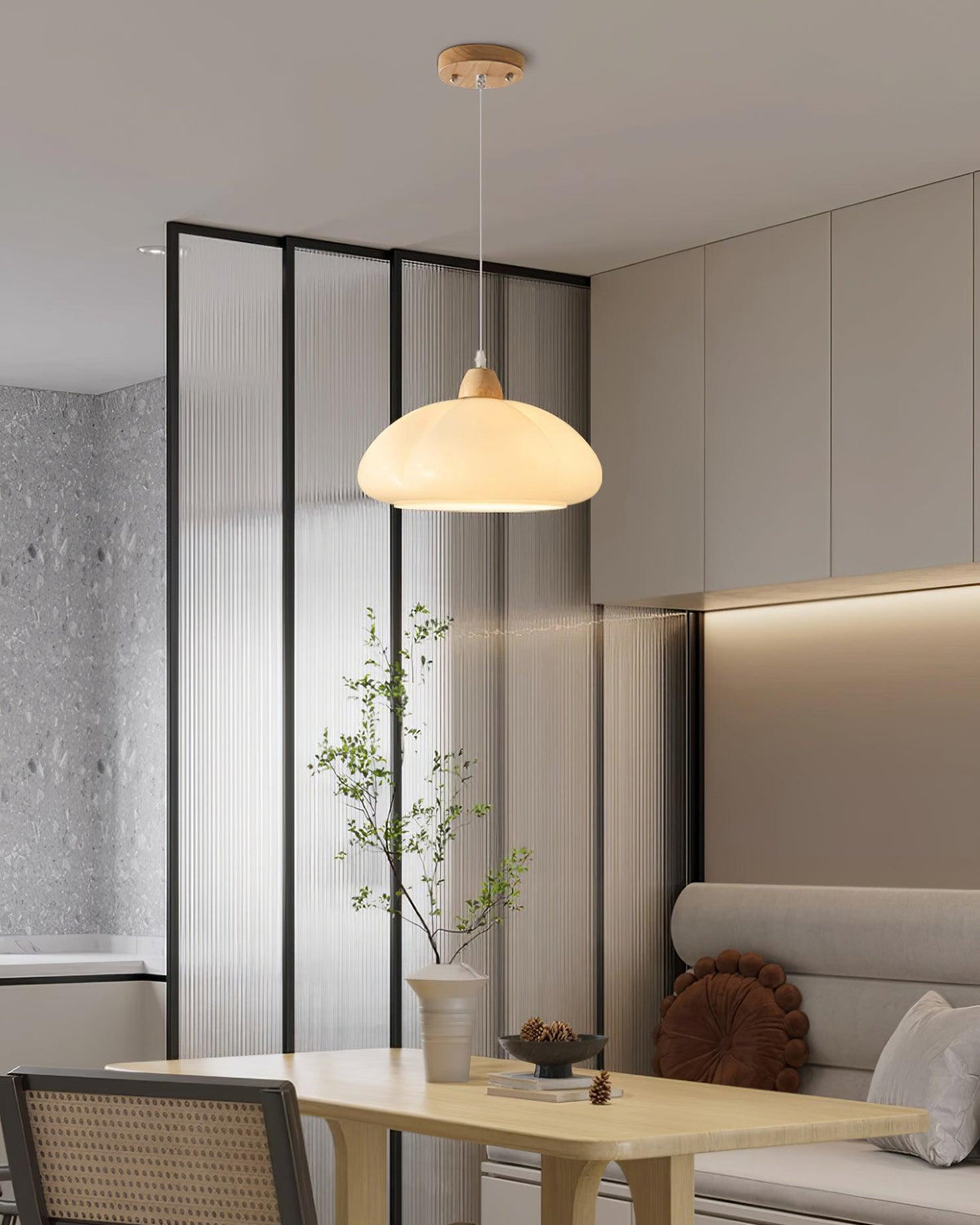 Pendant Lamp Rounded Glass Shade Wood Accent Playful Modern Touch-Neutral Decor