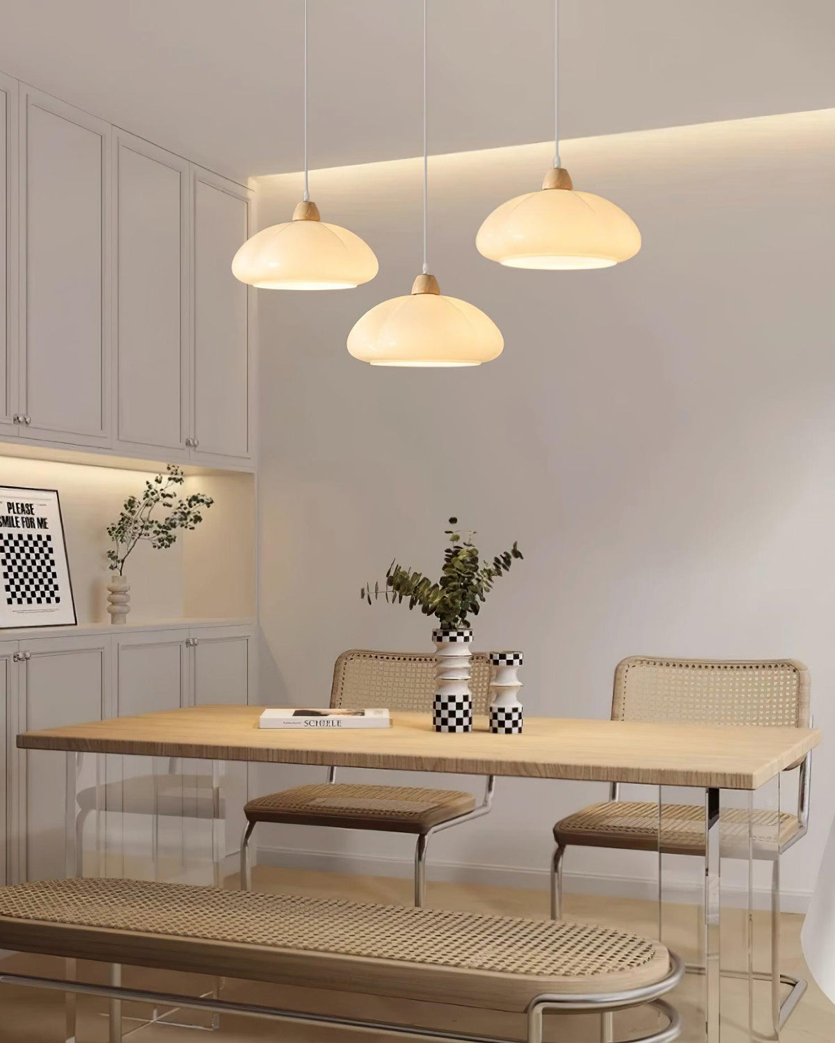 Pendant Lamp Rounded Glass Shade Wood Accent Playful Modern Touch-Neutral Decor