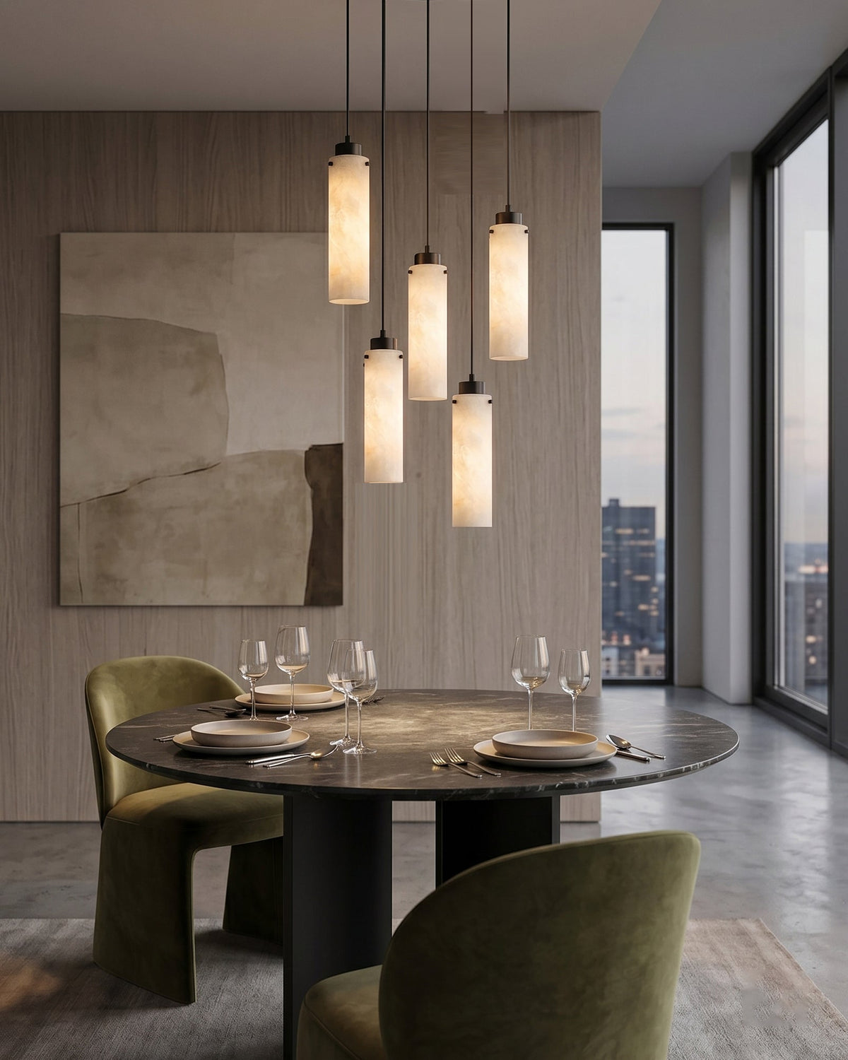 The Cirio chandelier illuminating a contemporary open stairwell.