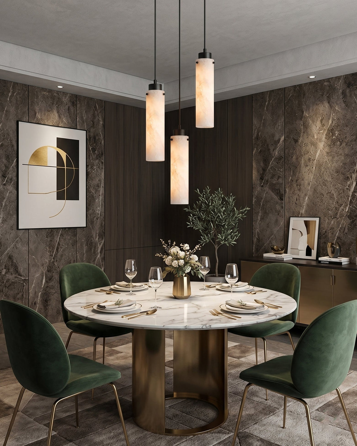Detail of the matte black multi-port canopy for the chandelier.