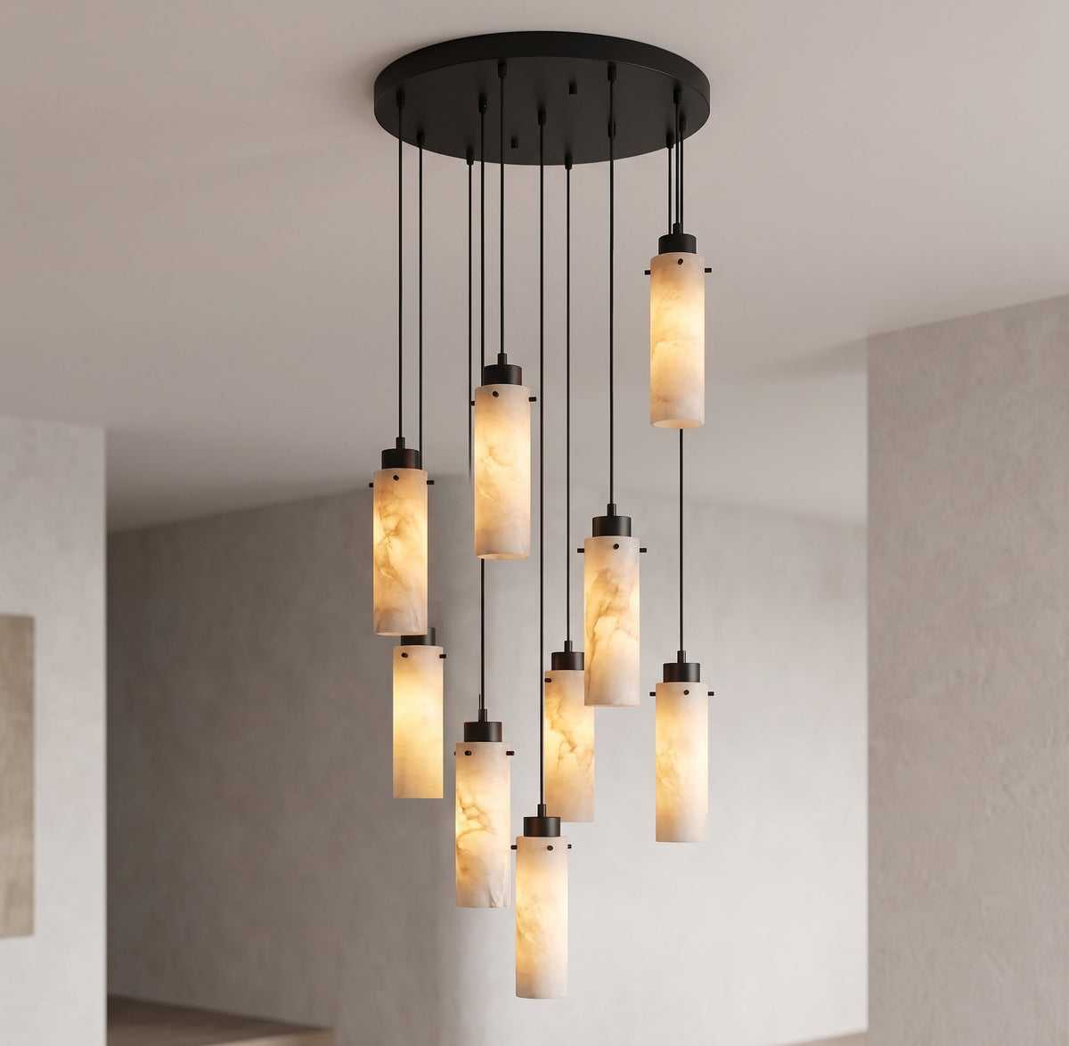 Lifestyle image of the chandelier in a minimalist interior.