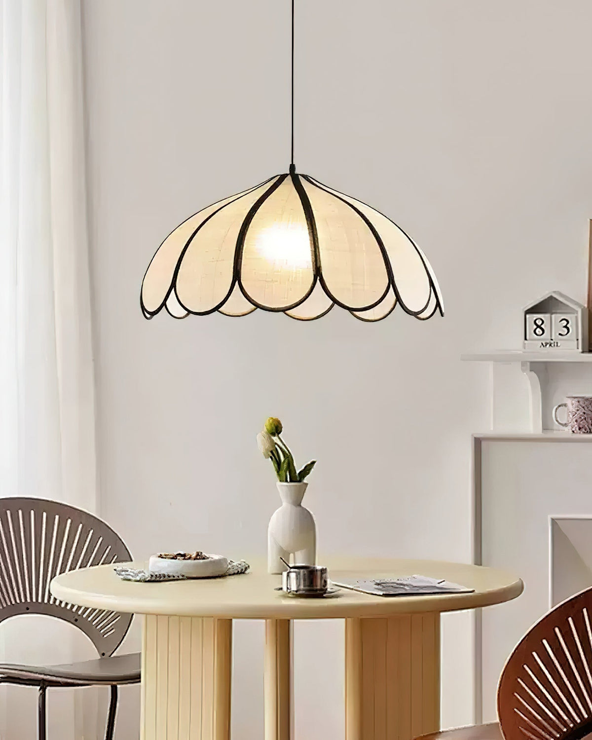 Pendant Lamp Scalloped Plant Fiber Shade Metal Frame Minimalist-Neutral Decor