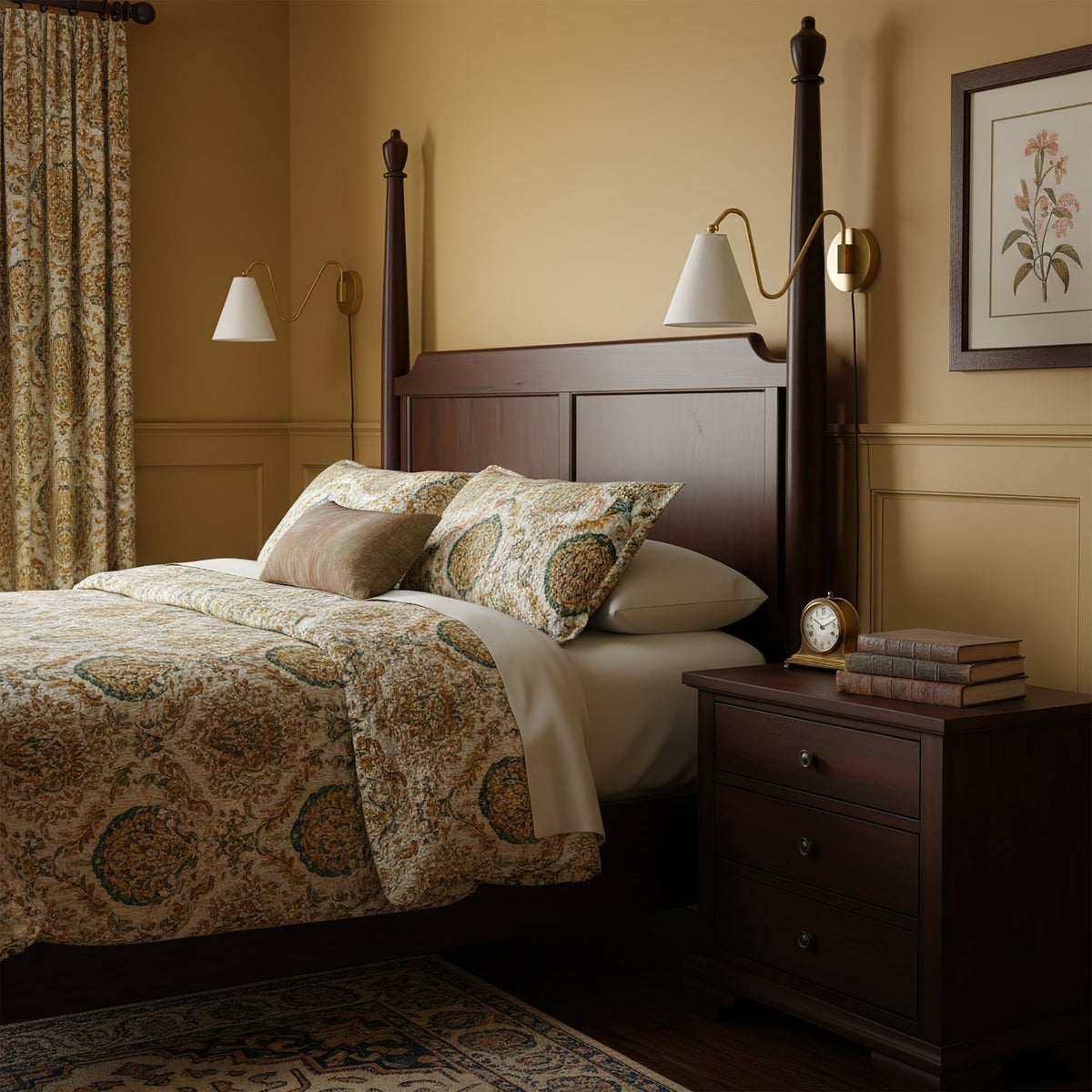 Close-up of the fabric shade and brass swing arm of the Cleome wall lamp.