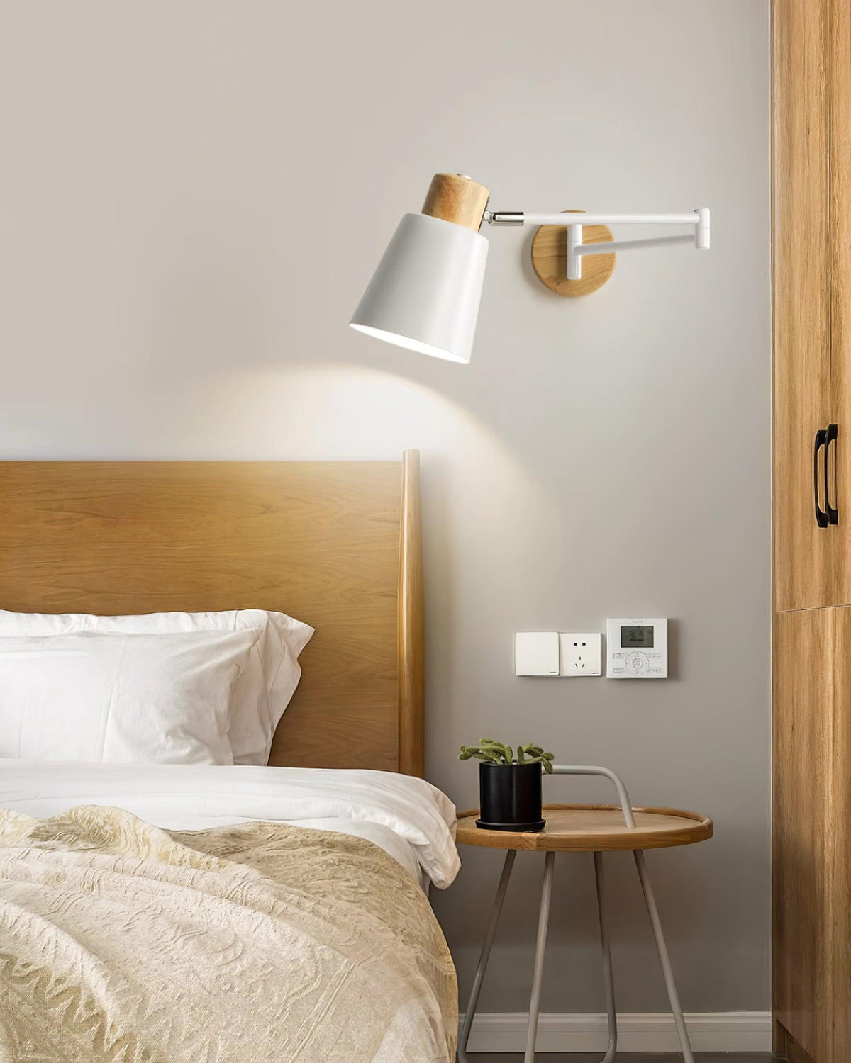Wall Lamp Adjustable Arm Cone Shade Wood Base Modern Study-Neutral Decor