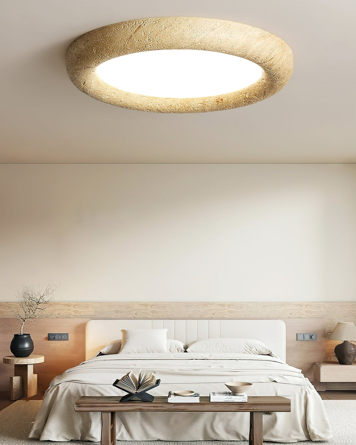 The ceiling light turned on, casting a soft, warm glow in a living room.