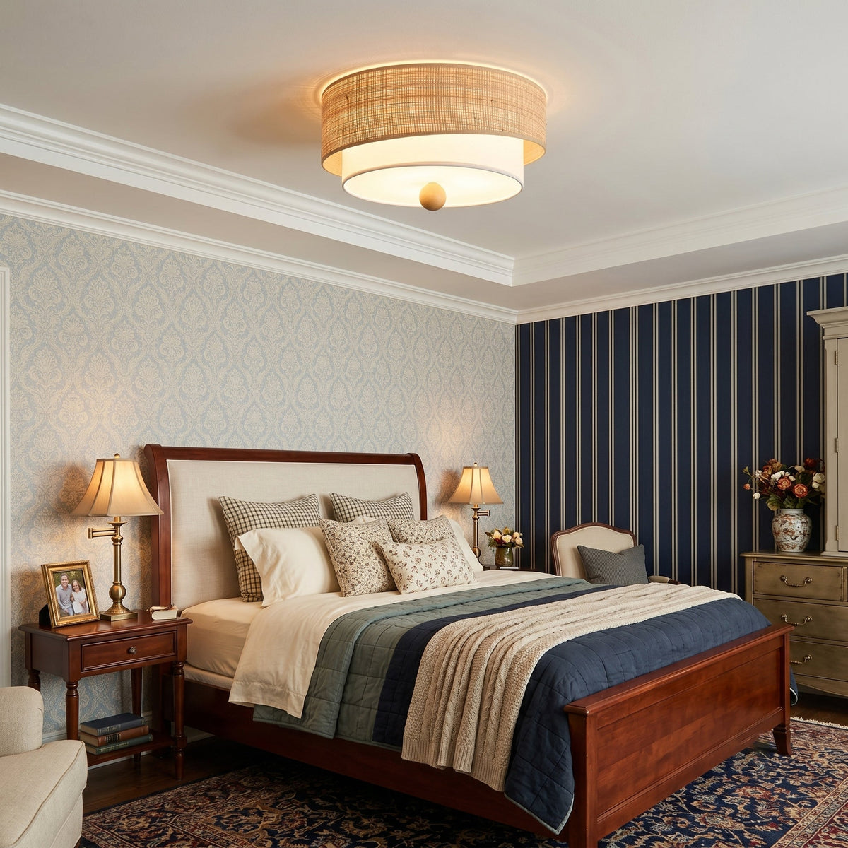 The natural beige and white colors of the flush mount.