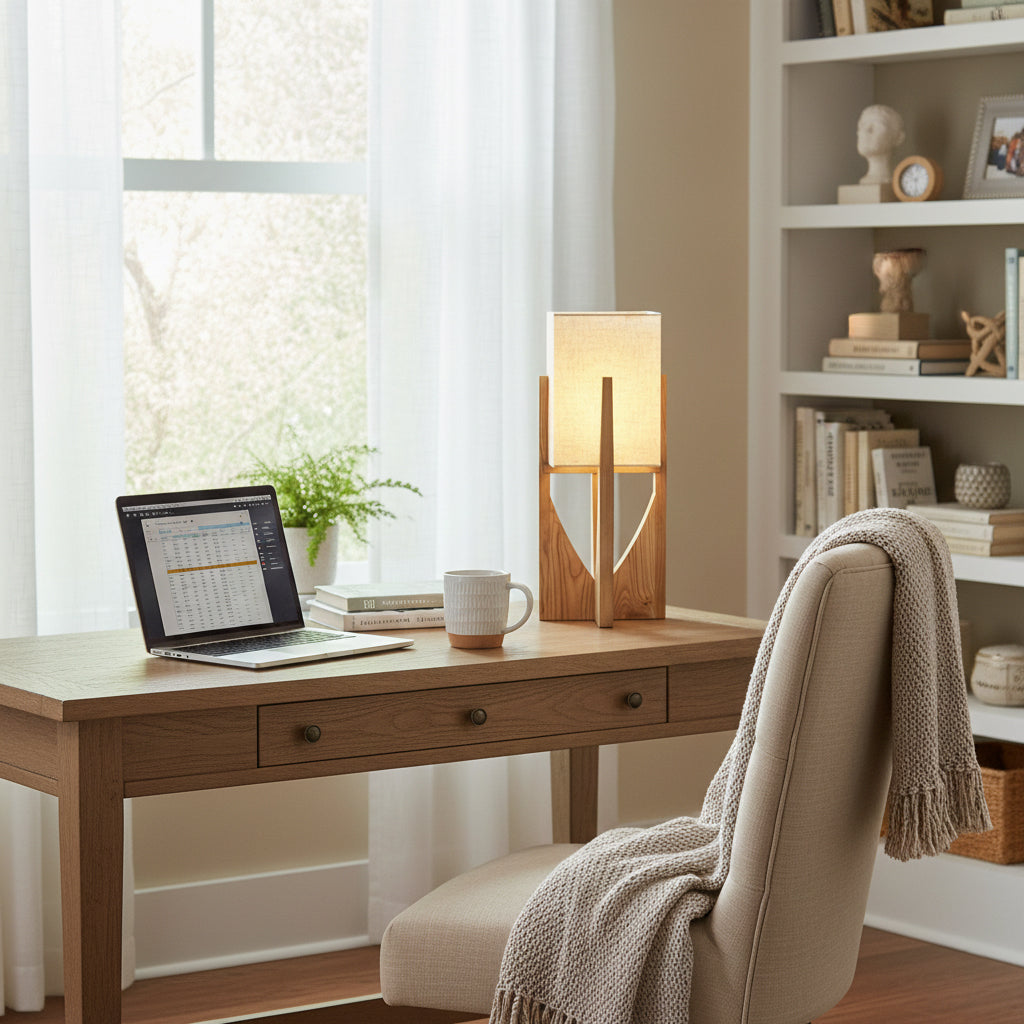 Detailed shot of the wood grain on the Fairbanks Table Lamp's base.