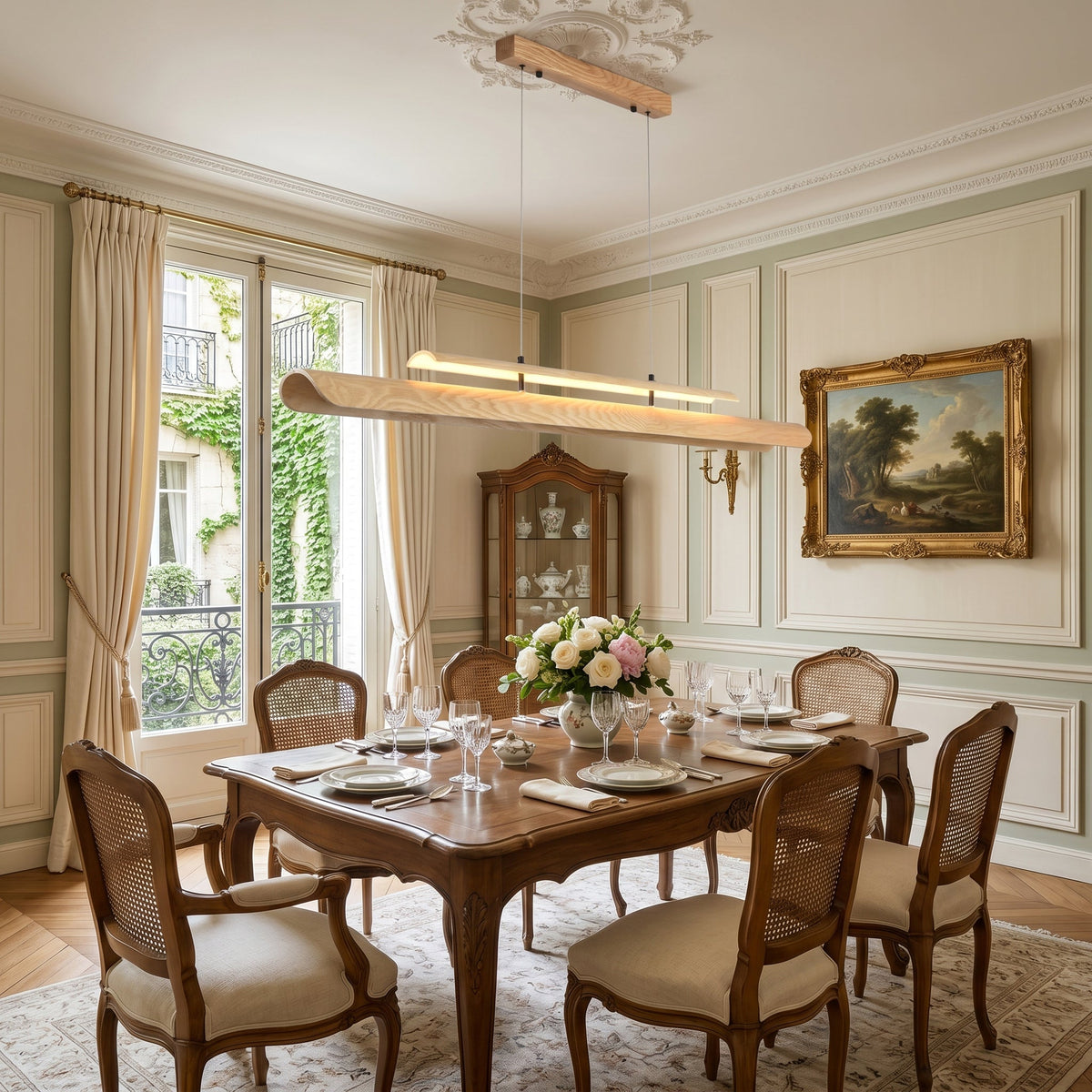 Angled view of the Sora Linear Chandelier showcasing its parabolic silhouette.