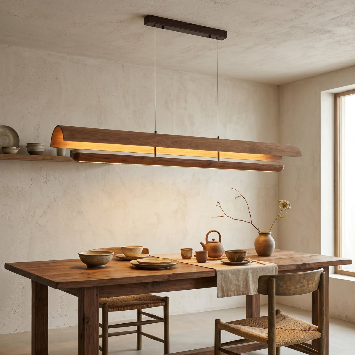 Kanoe Linear Chandelier hanging over a long minimalist dining table.