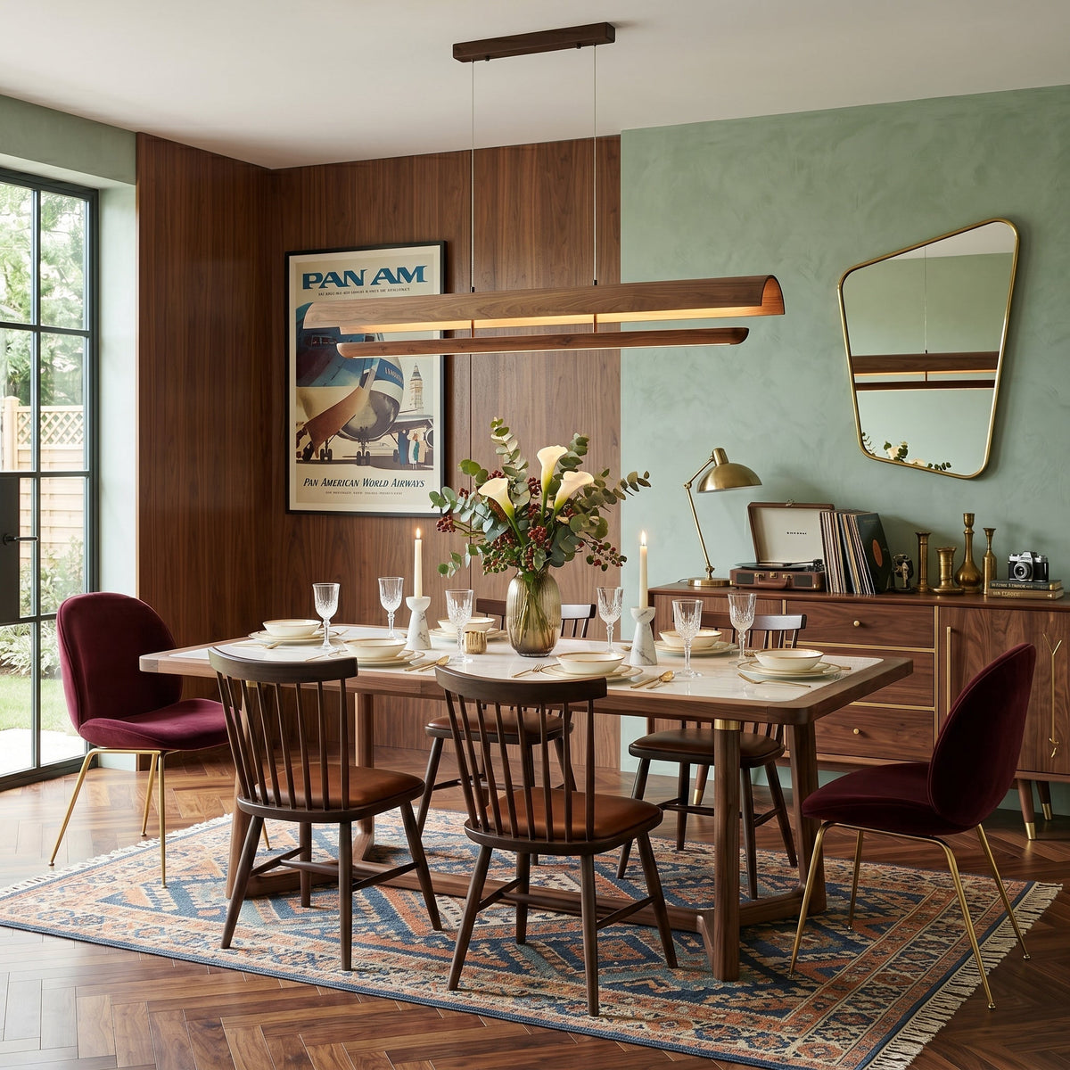 Kanoe Linear Chandelier illuminating a modern kitchen island.